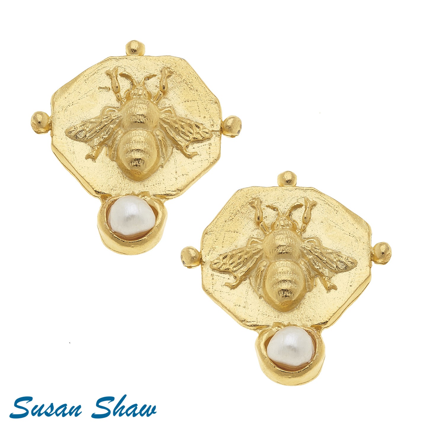 Gold Bee and Pearl Earrings