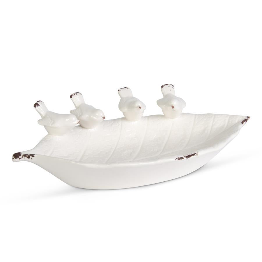 White leaf bowl with song birds