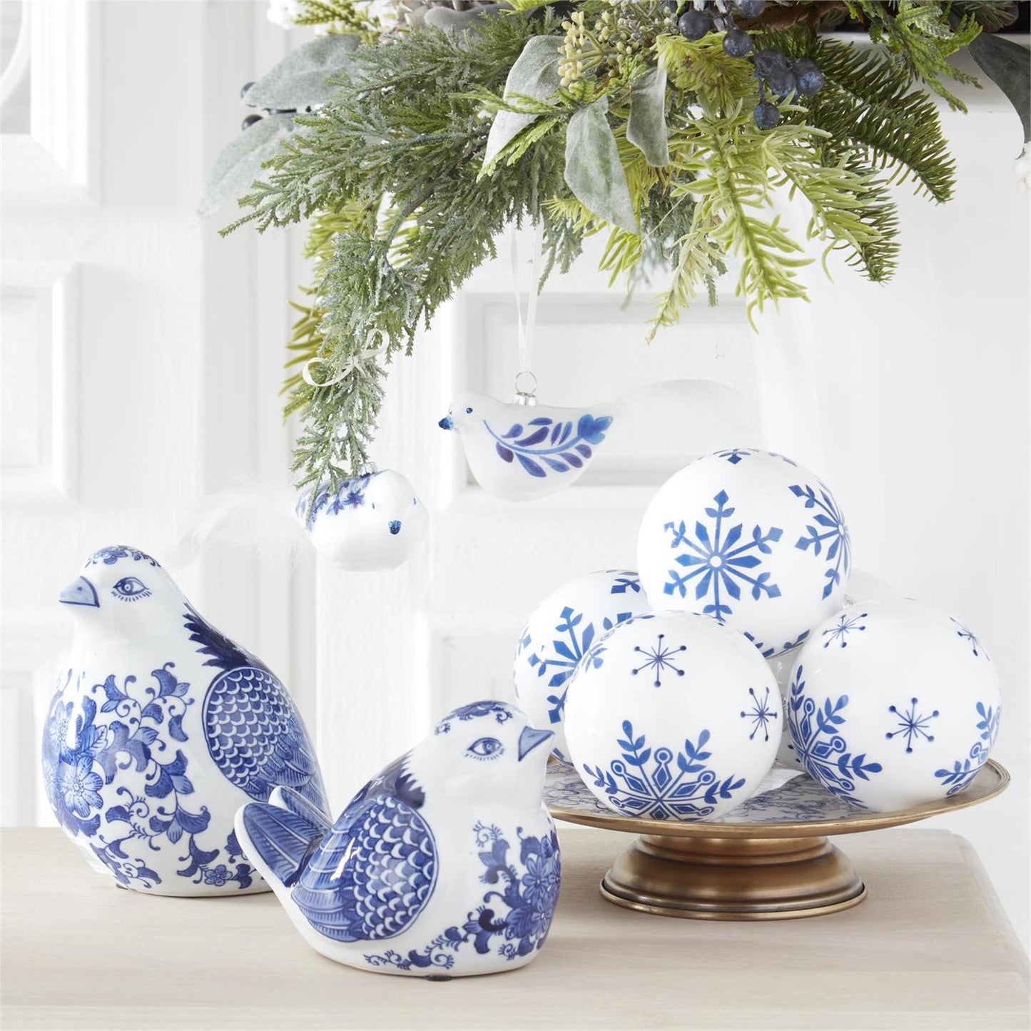 Set of blue and white porcelain birds