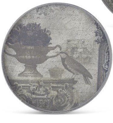 Round Gray Rimmed Bird with Urn Wall Plaque