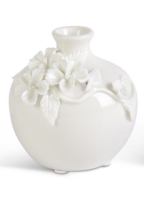 Short White Ceramic Vase with Raised Flowers