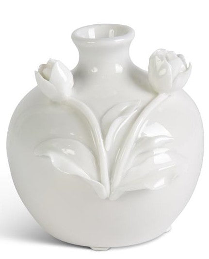 Short White Ceramic Vase with Raised Flowers