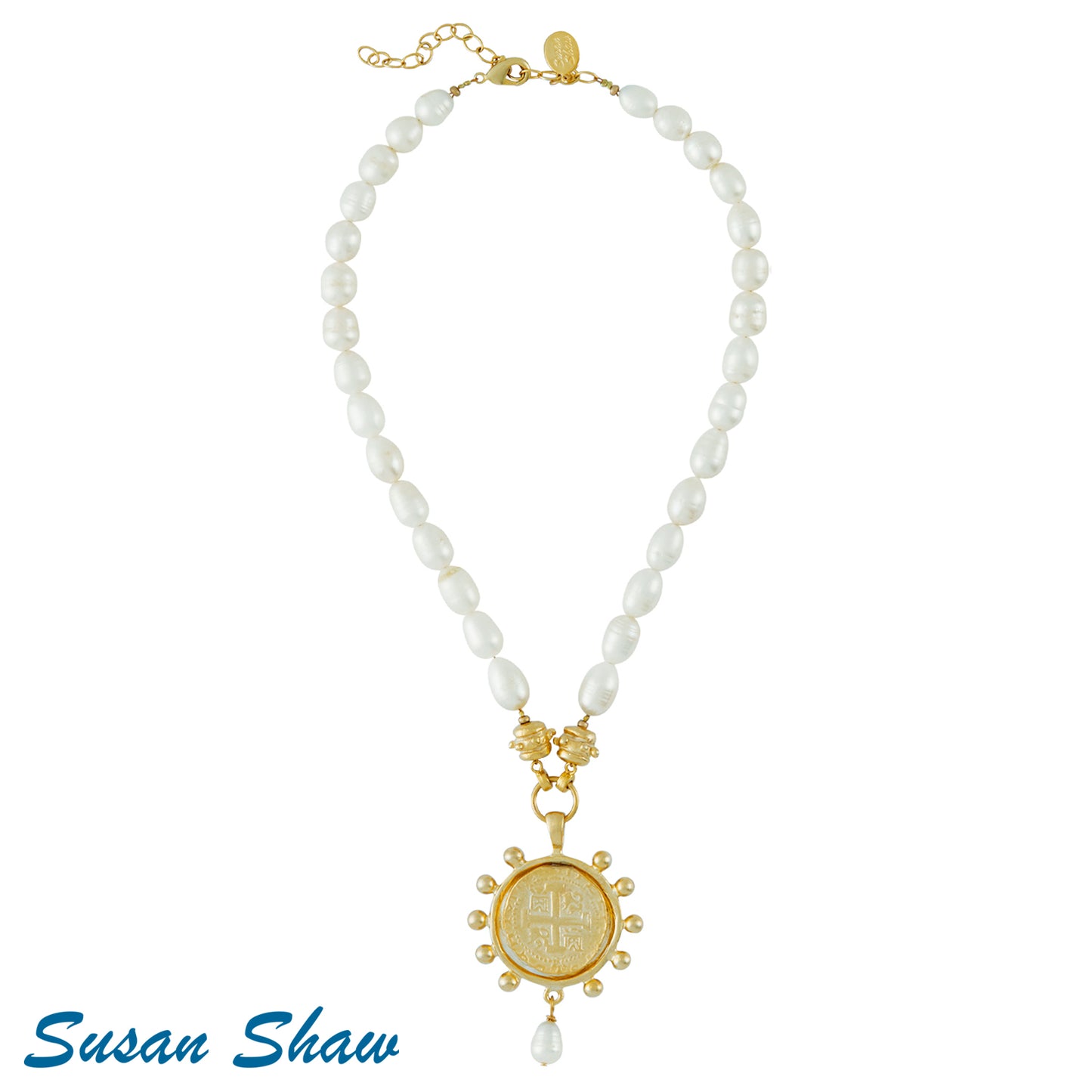 Gold Cross Coin and Freshwater Pearl Necklace