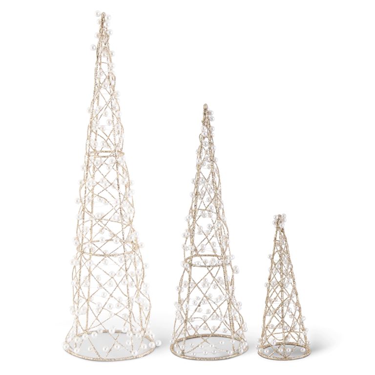 Set of 3 Gold Glittered Cone Trees with Pearls