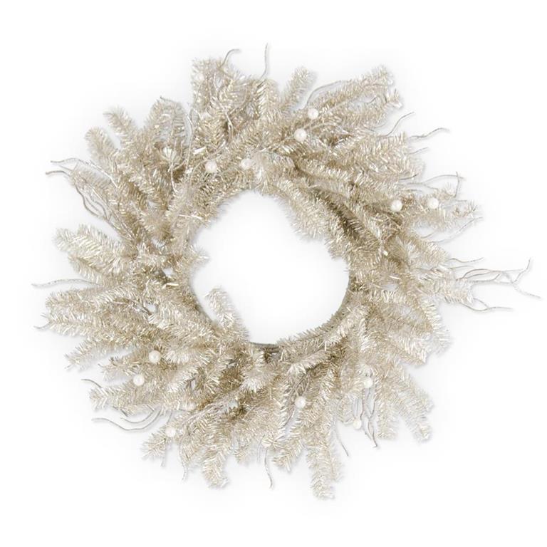 24 Inch Champagne Tinsel Twig Wreath with Pearls