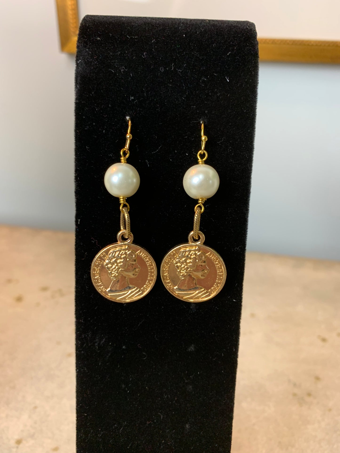 Glass Pearl and Gold Coin Earrings