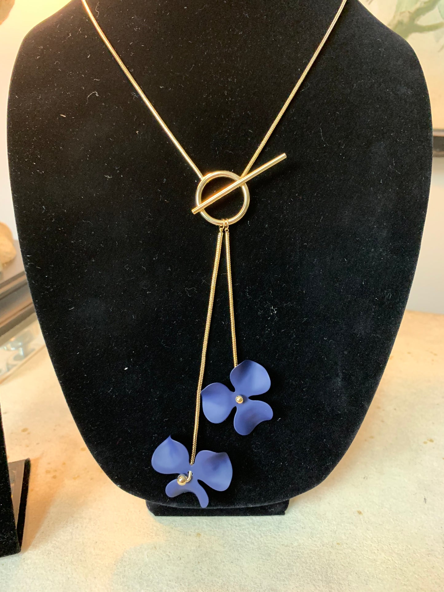 Navy Lariat Necklace with Flowers