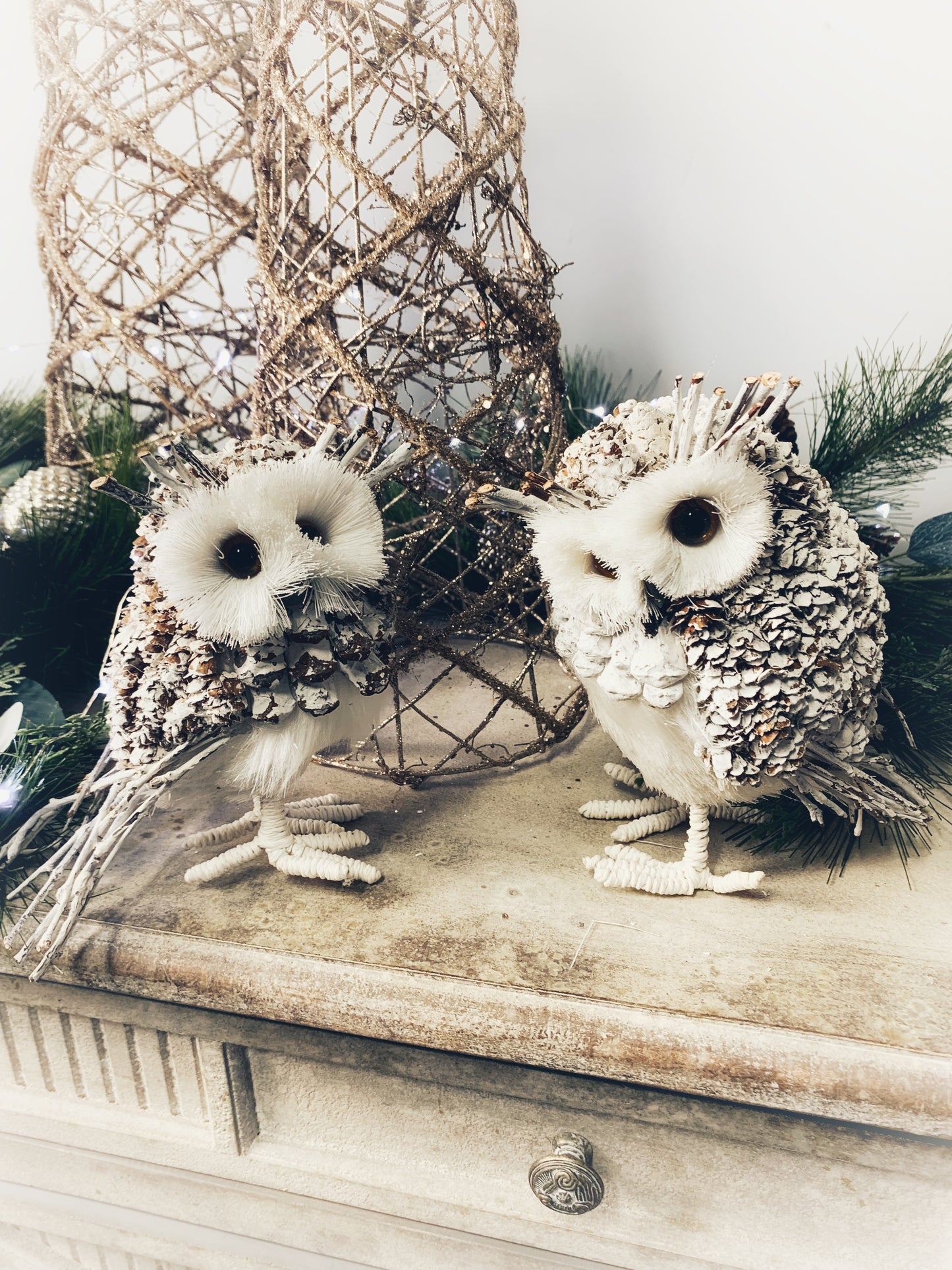 Pinecone and Twig White Owls