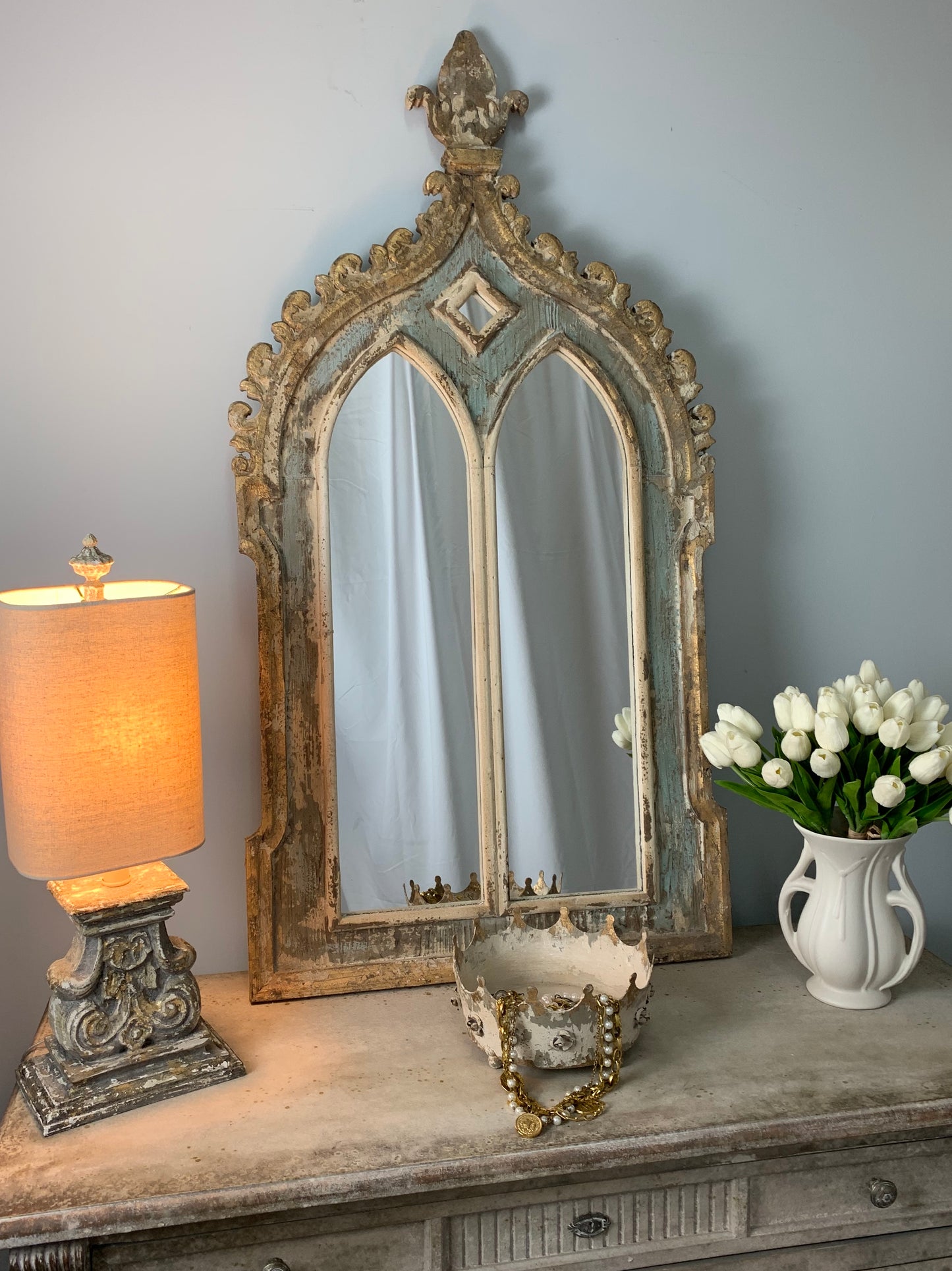 Double Arched Mirror with Carved Mirror