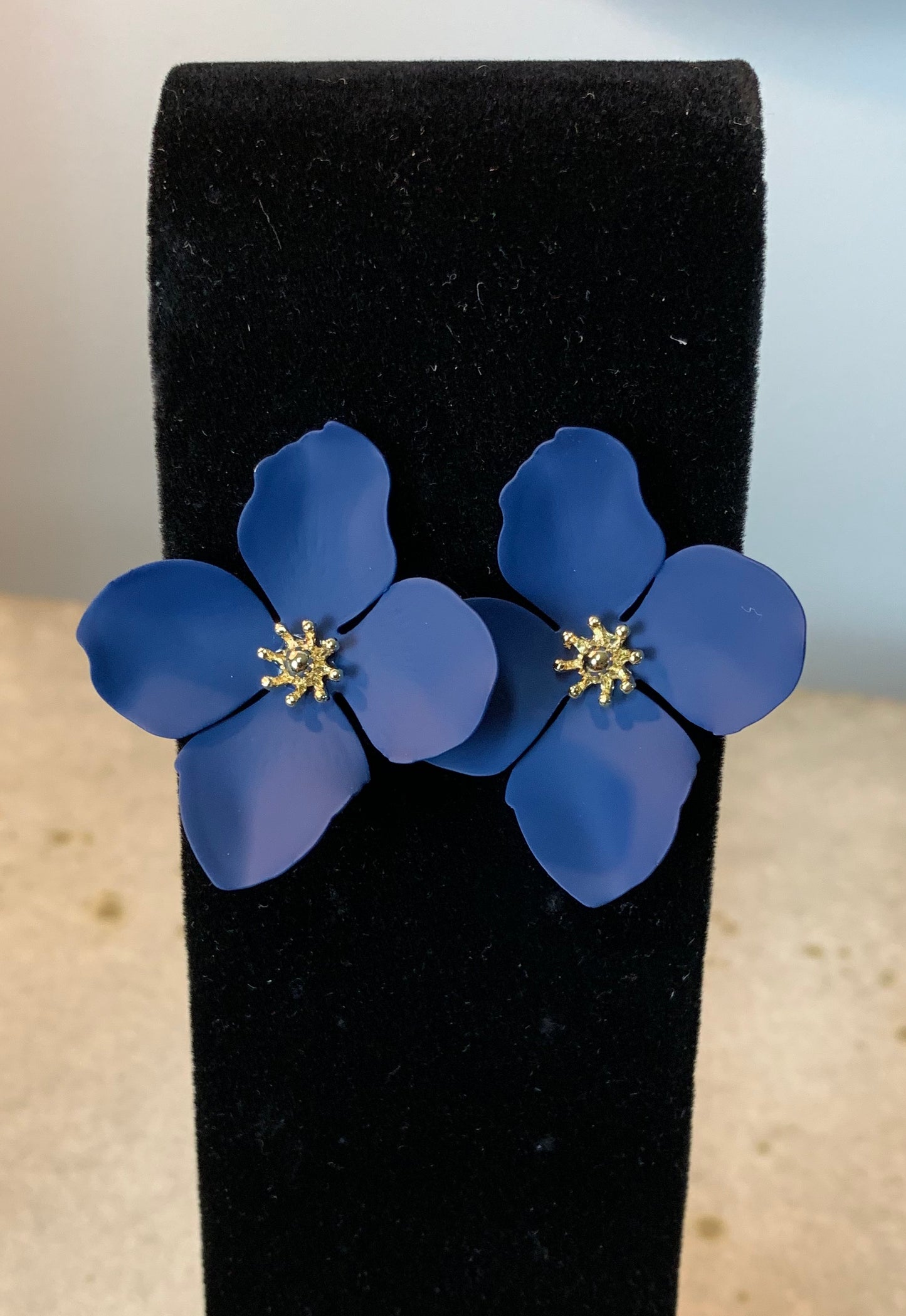 Large Painted Metal Flower Earrings in Navy