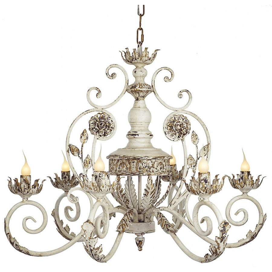 Six Arm Chandelier in Antique White and Gold