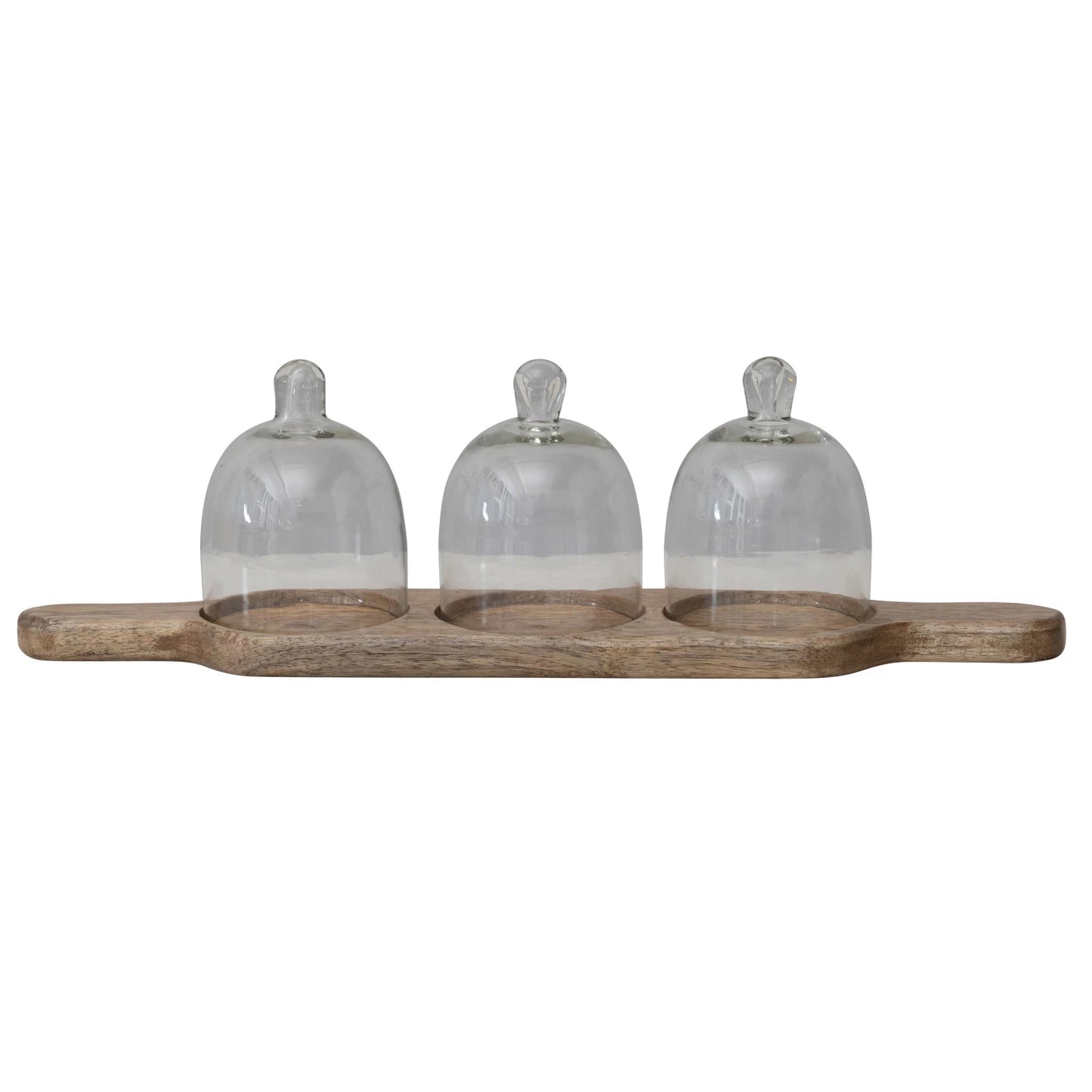 Mango Wood Serving Tray with 3 Glass Cloches