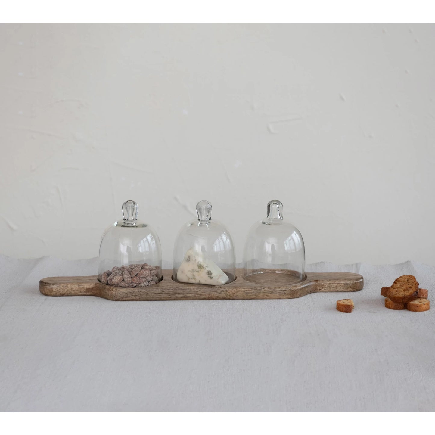 Mango Wood Serving Tray with 3 Glass Cloches